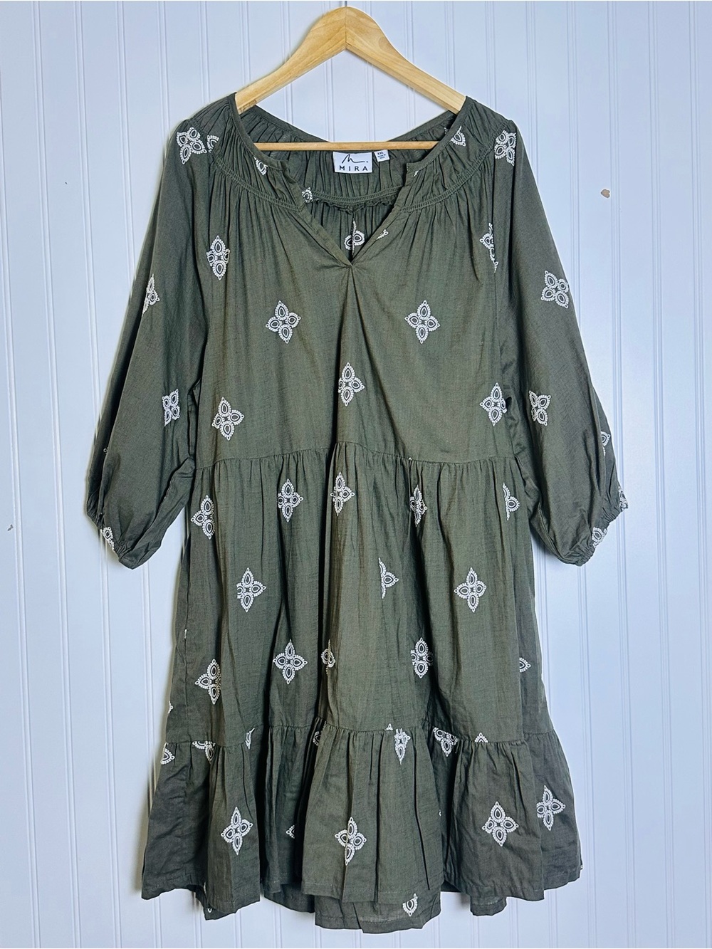 MIRA Cotton Gauze Olive Green Embroidered Tiered Dress  XXL 3/4 puffed sleeves - Picture 4 of 10